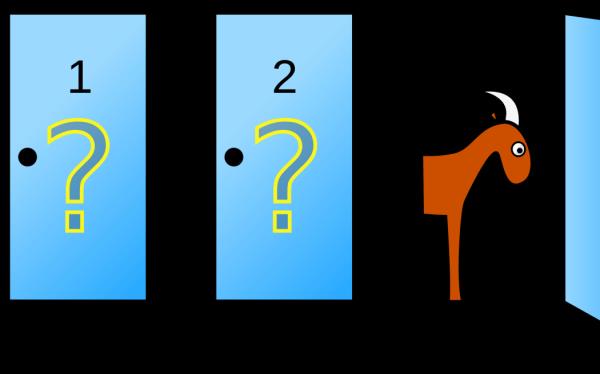 A image depicting the mo<em></em>nty hall problem. Two blue doors are labelled 1 and 2 with large question marks on them. A third door is open with a goat inside.