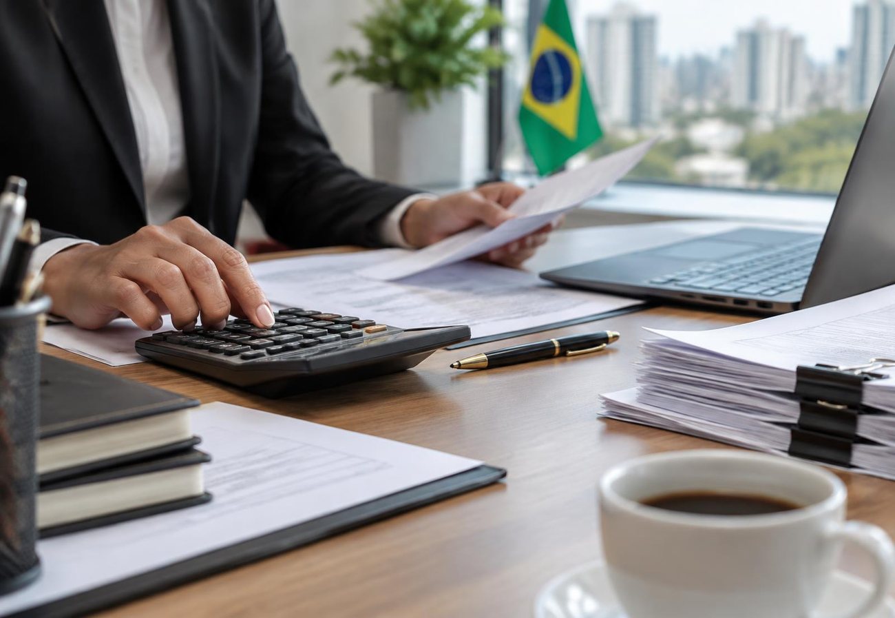 Mesa de trabalho contábil com documentos organizados, calculadora e computador